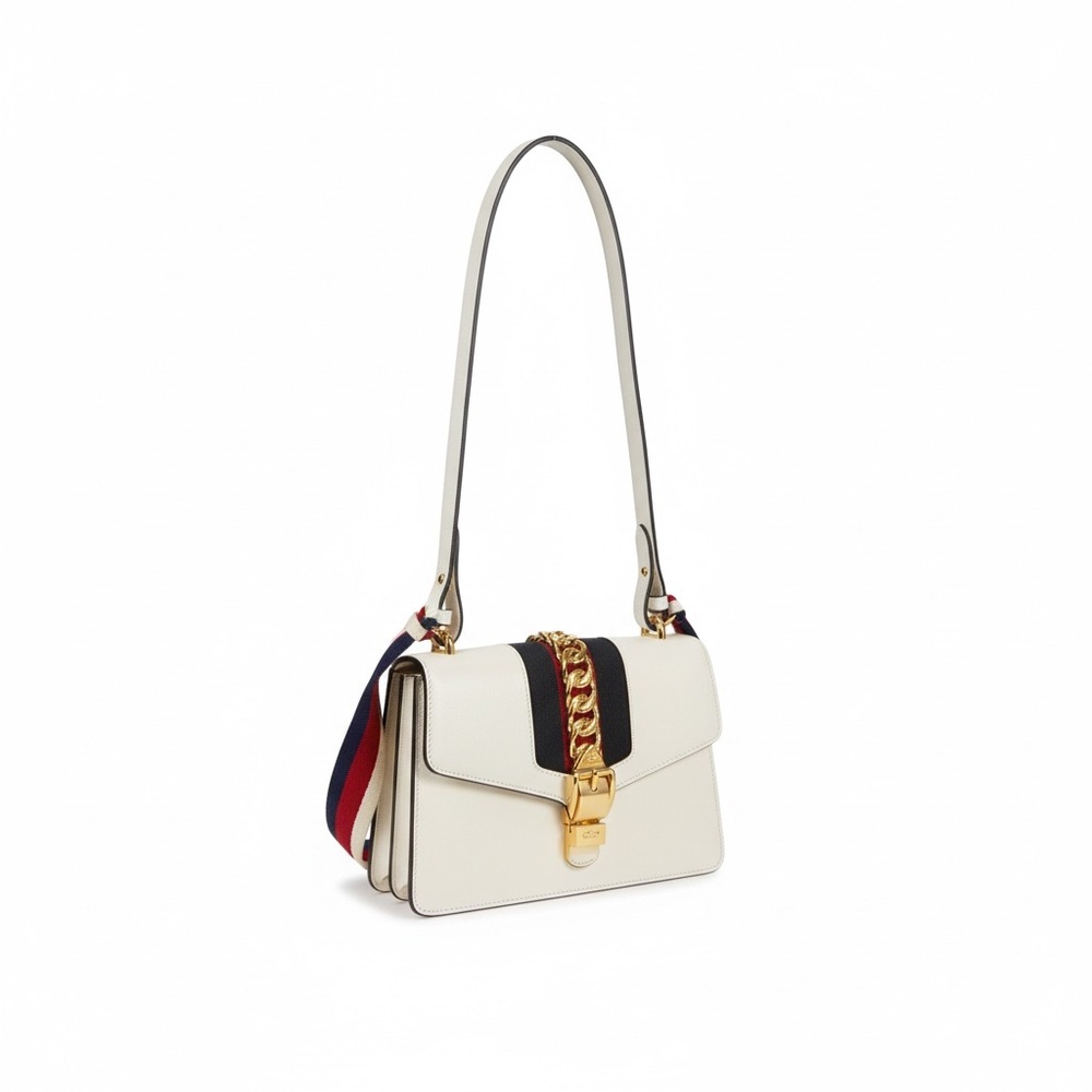 Gucci Sylvie Small Shoulder Bag White Leather Web Stripe Ribbon + coa dustbag